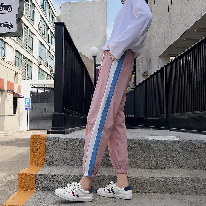 

joggers Pants Women autumn Korean Style Harajuku All-match Sweatpants side stripe Drawstring High Waist Streetwear pink Trousers