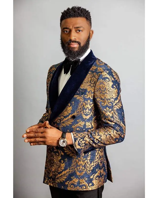 

2020 Custom Made Navy Blue Gold Floral Double Breasted Men Suits With Pants Wedding Best Man Blazer Costume Homme Groom Tuxedo