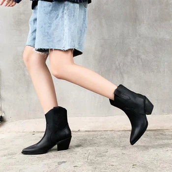 

Pu Leather Western Cowboy Boots Pointed Toe Cossacks Cowgirl Ankle Boots Thick Heel Chelsea Boots Shoes Women Plus Size 43