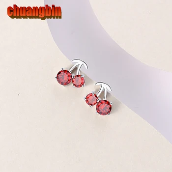

100% real S925 sterling silver female jap-korean accessories cherry zircon earrings pomegranate red jewelry Ear Studs silverware