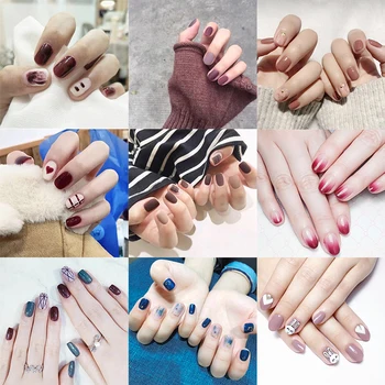

14pcs Fashion Fake Nails Matte Wine Red Frosted False Nails Square Artificial Nail Tips Pink Gradient Cute Decal Sticker