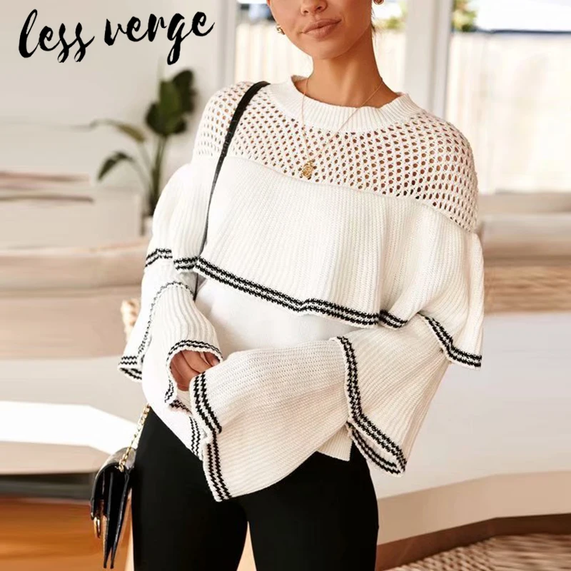 

Lessverge Ruffle striped flare sleeve white knitted sweater Women autumn winter hollow out casual pullover Black elegant jumper