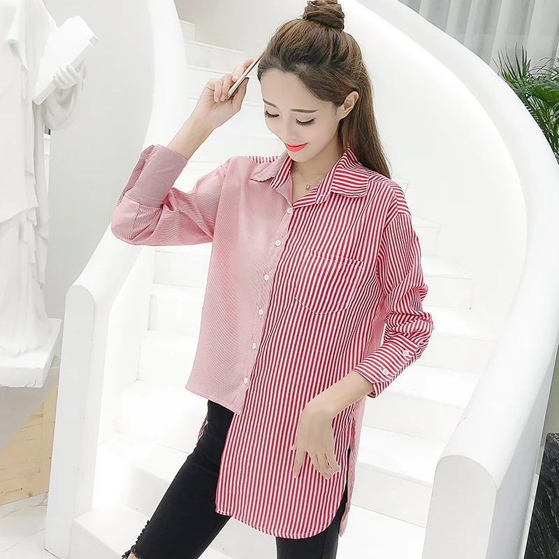 

COIGARSAM Office Lady Striped Shirt Womens tops New Spring Summer Full Sleeve Loose Women shirts Red Blue 6224