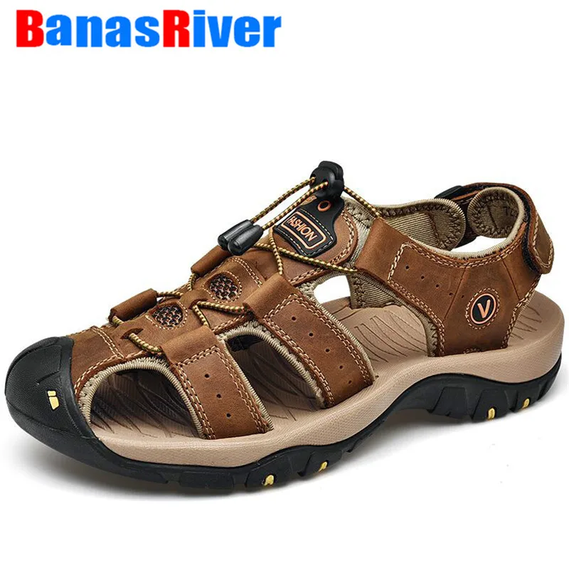 Уличная модная Высококачественная Мужская обувь на плоской подошве; кожаные мужские сандалии для вождения; летние пляжные модные уличные повседневные кроссовки; размер 48