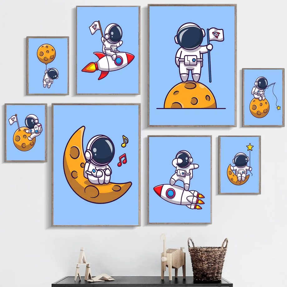 Cartoon Astronaut Rocket Moon Space Travel Nordic Poster E Stampe Wall Art Canvas Painting Immagini A Parete Baby Kids Room Decor