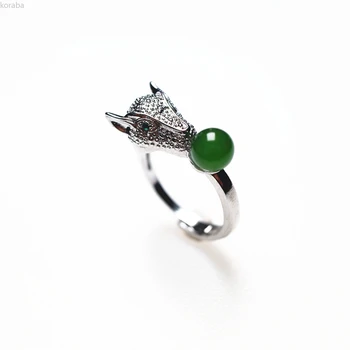 

LETSFUN New Women's Natural Green Jade Leopard 925 Sterling Silver Women Ring