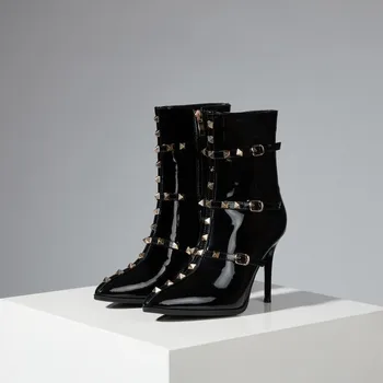 

US4-12 Womens Pointed Toe Rivet Studed Ankle Boots Stilettos High Heel Patent Leather Belt Buckle Shoes Plus Size34-46
