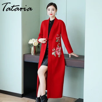 

1 Winter Wool Embroidered Coat Women Elegant Long Woolen Coat Female Thicken Warm Wool Coat WOMEN Loose Casual Outerwear