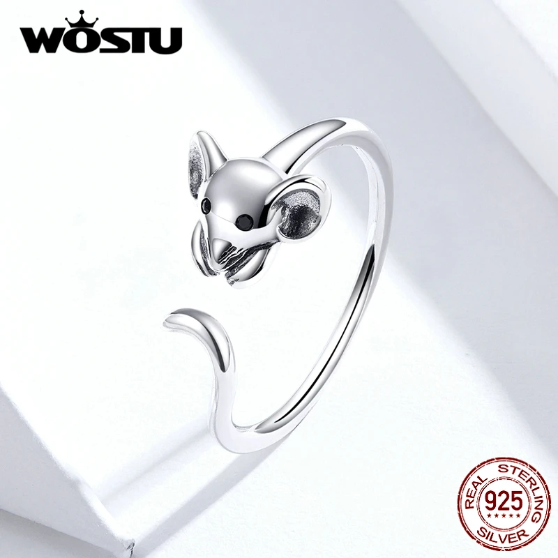 WOSTU, Настоящее серебро, 925 пробы, милая мышь, открытые, кольца на палец для девушек, для женщин, модные ювелирные изделия CQR632