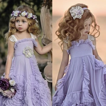

Purple Lace Applique Flower Girl Dress For Weddings Lace Appliques Long Kids First Communion Lovely Girl Pageant Dresses