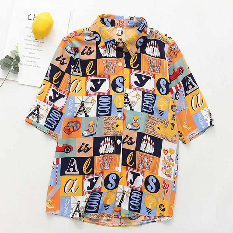 

2021 Woman Summer Loose Letter Checkered Colorful Printing Short Sleeve Shirt