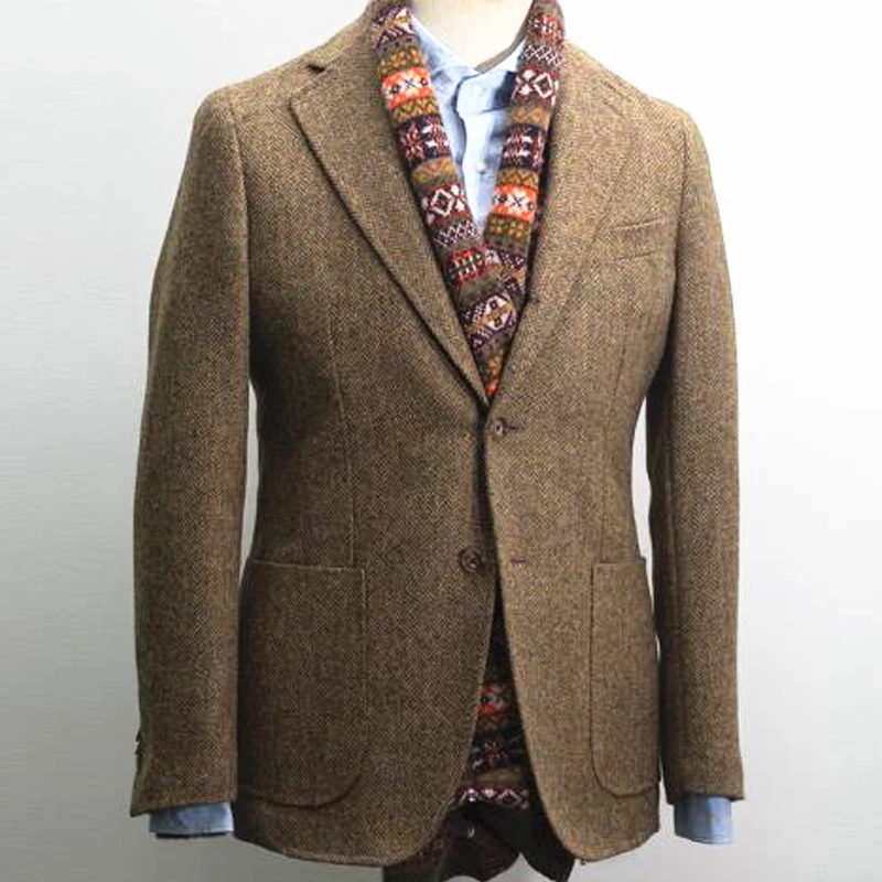 Men's Suit Tweed Jacket Wool Herringbone Waistcoat