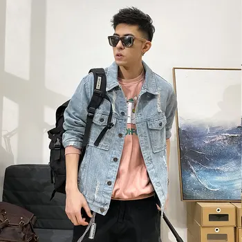 

Streetwear Jeans Jacket Men 2020 Spring Blue Denim Jacket Men Distressed Ripped Casual Man Outwear