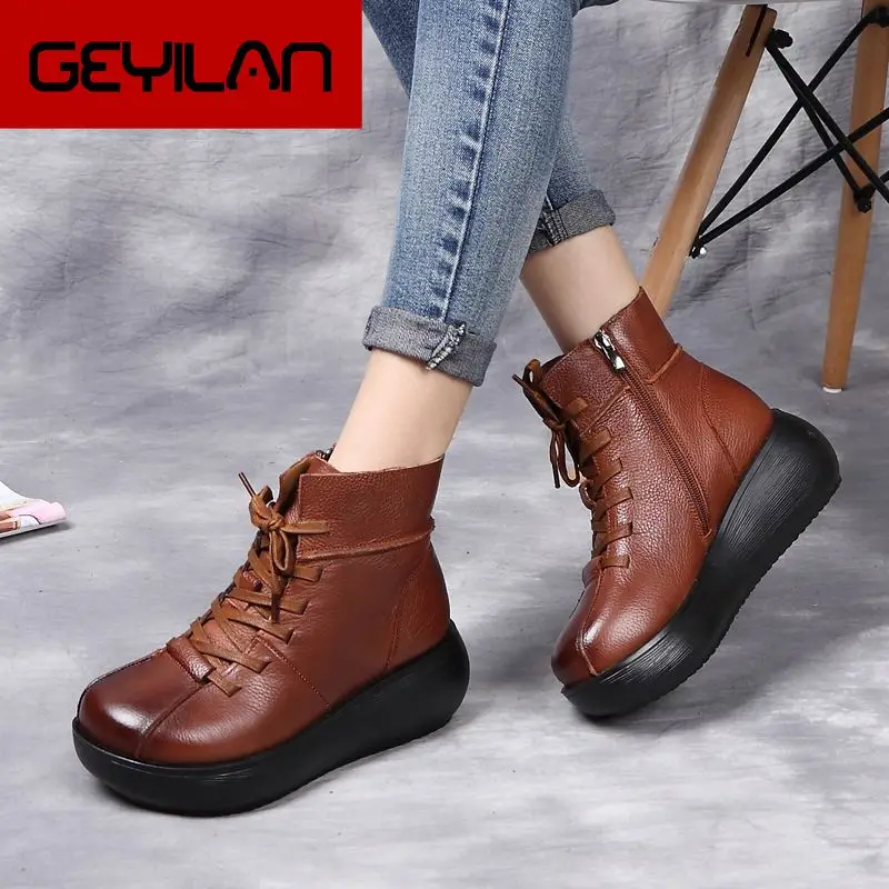 

New Genuine Leather Ankle Boots Women Flat Snow Lace-UP Boots Winter Warm Plush Waterproof Woman Platform Shoes