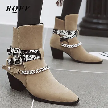 

Black Autumn New Ankle Boots Women Fashion Block High Heels Shoes Woman Plus Big Size 12 Beige Brown Boot Buckle Metal Chain 10