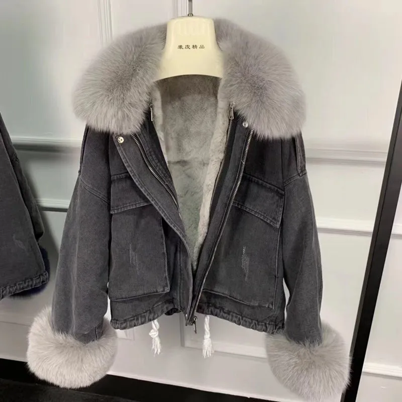 black coat gray fur Женское меховое пальто, парки из натурального меха, куртка с воротником из натурального меха лисы и манжетами, парка, деним с мехом, верхняя одежда из кроличьего меха, подкладка из русского меха - Цвет: black coat gray fur