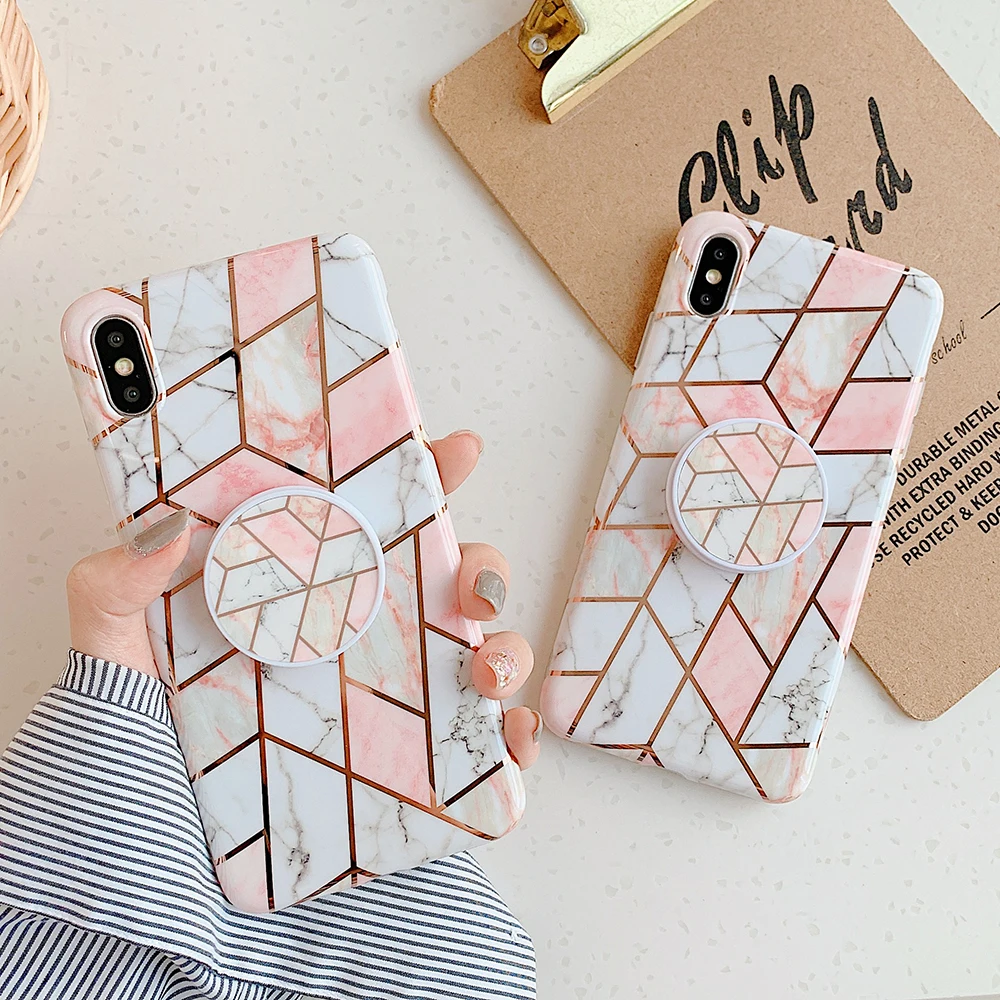 

Pink Electroplated Marble Stand Phone Case For iPhone XR X XS Max Case For 7 8 6 Plus Geometric Shell Soft Full Body Phone Cover