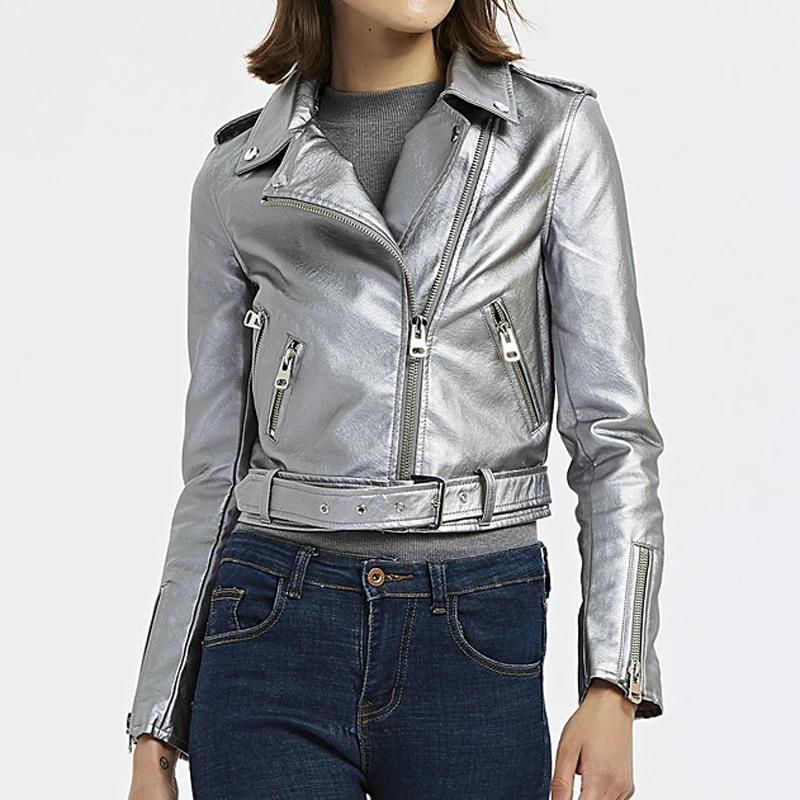 

Faux Leather Jacket Female Silver Autumn Winter Motorcycle 2019 Bomber Coat Women With Blet Zipper Biker Lady Outwear Outerwear