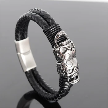 

Genuine Handmade Braided Vintage Leather Skull Ghost head Shantou Bracelets Men Stainless Steel Punk Jewelry Pulseras