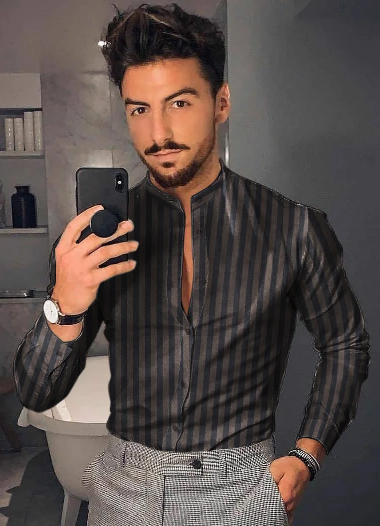 Men's Shirt New Hawaiian  Men Single Button Wild  Printed  Male Blouses  Long Sleeved Striped 2021