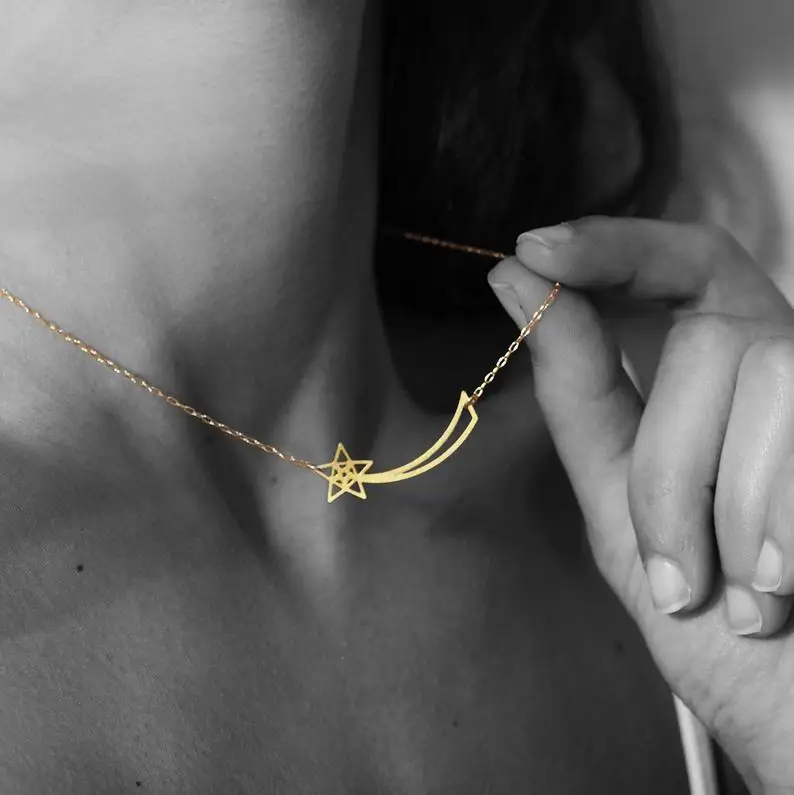 falling star necklace, geometric gold celestial necklace, SHOOTING STARS, mizyan, geometric accessories, celestial jewelry, fall collection