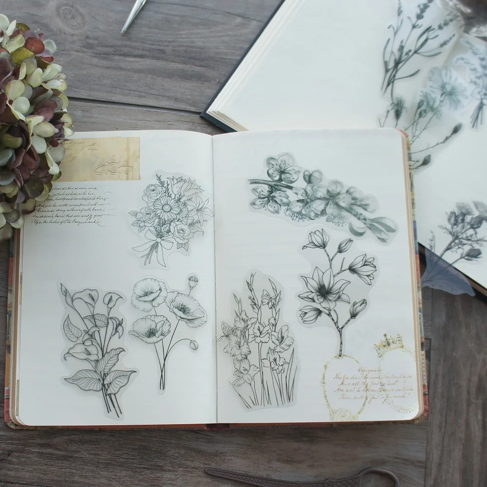 Decorative Floral Stickers Pen Drawing Flower Bouquet Style 38pcs