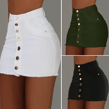 

2020 Women Button Denim Jeans Bodycon Mini Skirts Strench High Waist Sexy Club Skirt Summer