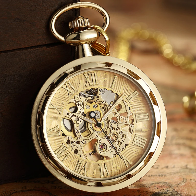 Reloj de bolsillo con cadena y diseño mecánico para hombre y mujer, cadena de reloj con números romanos, colgante con diseño de esqueleto Steampunk, unisex