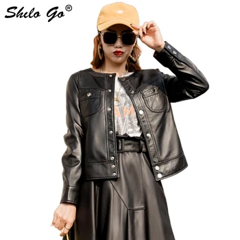 

Genuine Leather Jacket Minimalist O-Neck Single Breasted Pocket Front Slim Sheepskin Coat Women Autumn Office Lady Fit Outwear