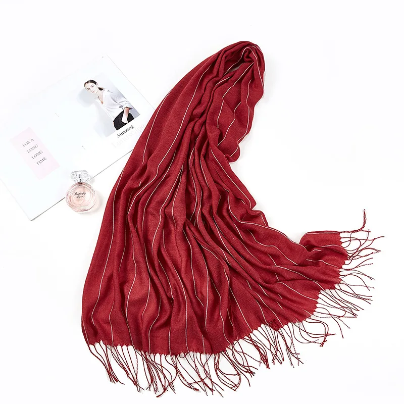 Зимний теплый шарф для женщин, женский шарф с кисточками, кашемировые пашмины, женские шали, женский полосатый мусульманский платок Хиджабы