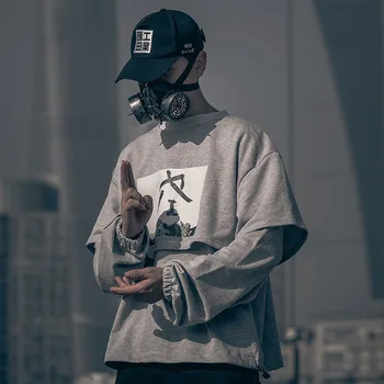 

Techwear Spring Autumn Oversize Sweatshirts Men Streetwear Hip Hop Fake Two Pullover Hoodies Patchwork Loose Male Casual Hoody