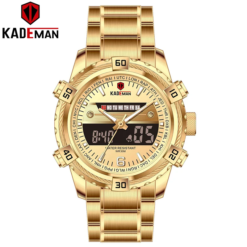 K6173-G-G-G KADEMAN, новинка, мужские часы, двойной ход, мужские спортивные часы, лучший бренд, Роскошные, светодиодный, Цифровые кварцевые наручные часы, полностью стальные, повседневные часы - Цвет: K6173-G-G-G