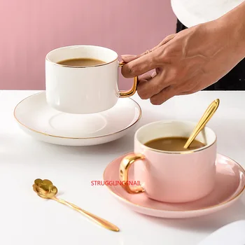 

3PCS Ceramic Coffee Cup And Saucer Set European Style Light Luxury Gold Afternoon Tea Milk Juice Breakfast Cup Saucer Spoon Gift
