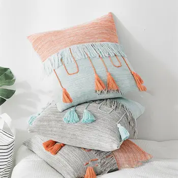 

Contrast Color Cotton Pillow Case with Fringe Tassels Decorative Cushion Cover