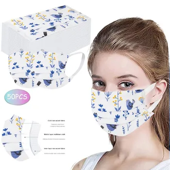 

50pcs Adult Disposable Masks Plain And Elegant Bird Printed Pattern Outdoor Protective Dustproof Windproof Anti-smog Mask