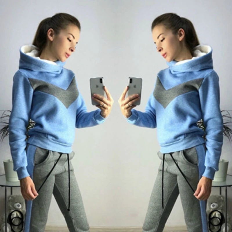 Осень и зима женский спортивный и досуг комплект 2 комплекта - Color: Blue