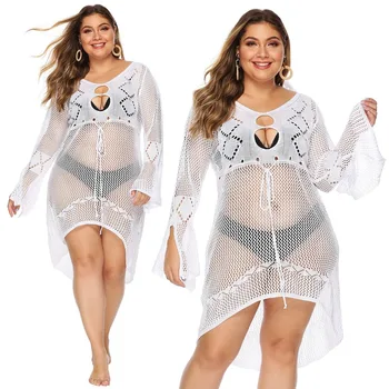 

Sexy White Crochet Bikini Beach Cover Up Plus Size 2020 Summer Women Knitted Beach Dress Hollow Out Swimsuit Beachwear Cover up