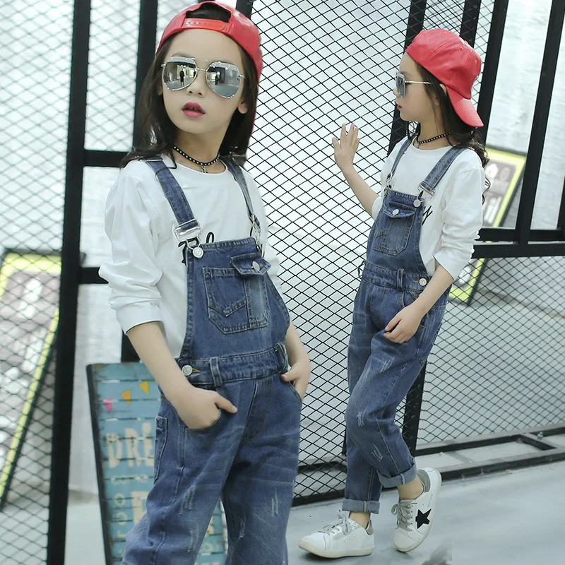 Spring Childrenswear New Style Girls' Overalls Jeans Casual Pants 6-8-10-14-Year-Old Fashion Crawler
