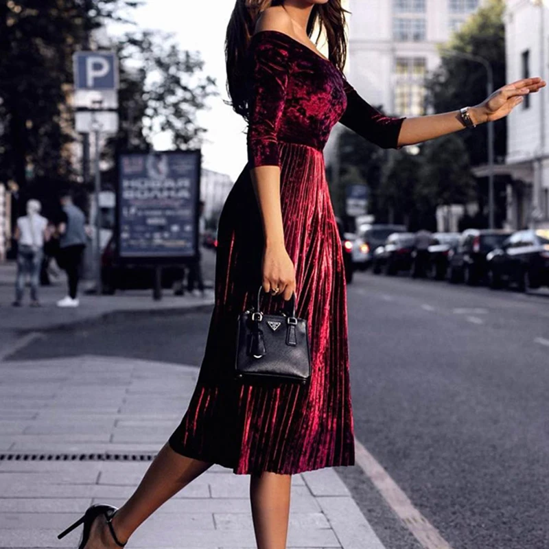 Осенне-зимнее женское модное бархатное платье Femme Robe плиссированные элегантные вечерние платья миди с вырезом лодочкой и открытыми плечами уличная одежда GV194