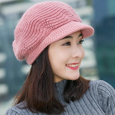 Pink Однотонный вязаный берет из кроличьей шерсти, Женская Корейская утолщенная теплая кашемировая шапка, женские модные осенне-зимние шляпы матроса, Мягкие Шапки - Цвет: Pink