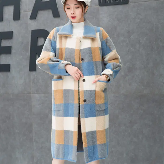 Imitation Mink Fur Knitted Cardigans Jacket Autumn Winter Women Long Section New Thickening Coat Sweater Cardigan Top f2007 - Цвет: camel plaid lapel
