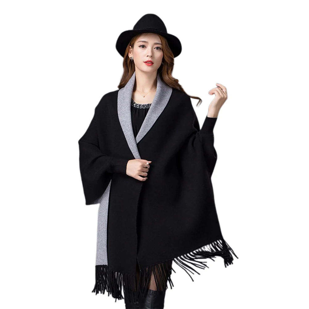 

Autumn Winter Women Black Poncho Capes Batwing Shawl Thick Cashmere Cardigan Warm Sweater for Women Long Poncho