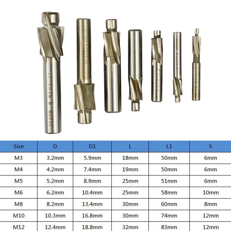 

7pcs HSS Countersink Milling Cutter M3-M10 Punching Tool Straight Shank End Mill Wood Rotary Tool Set High-speed Steel