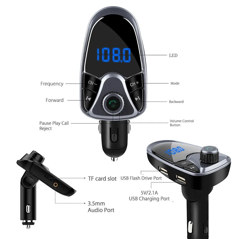 Bluetooth автомобильное зарядное устройство для телефона Dual USB Автомобильное зарядное устройство для телефона 2.1A с светодиодный дисплей Поддержка FM TF зарядное устройство для телефона IPhone Xiao Mi