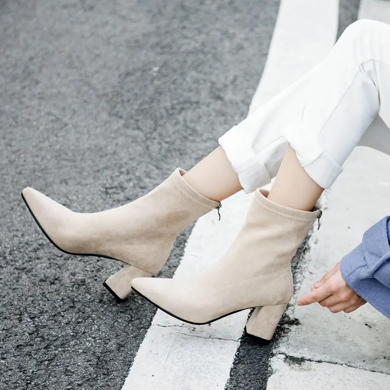 

2018 Fashion Women Winter Boots Flock Leather Thick High Heels Zipper Sexy Pointed Toe Fur Warm Ankle Boots Woman Shoes