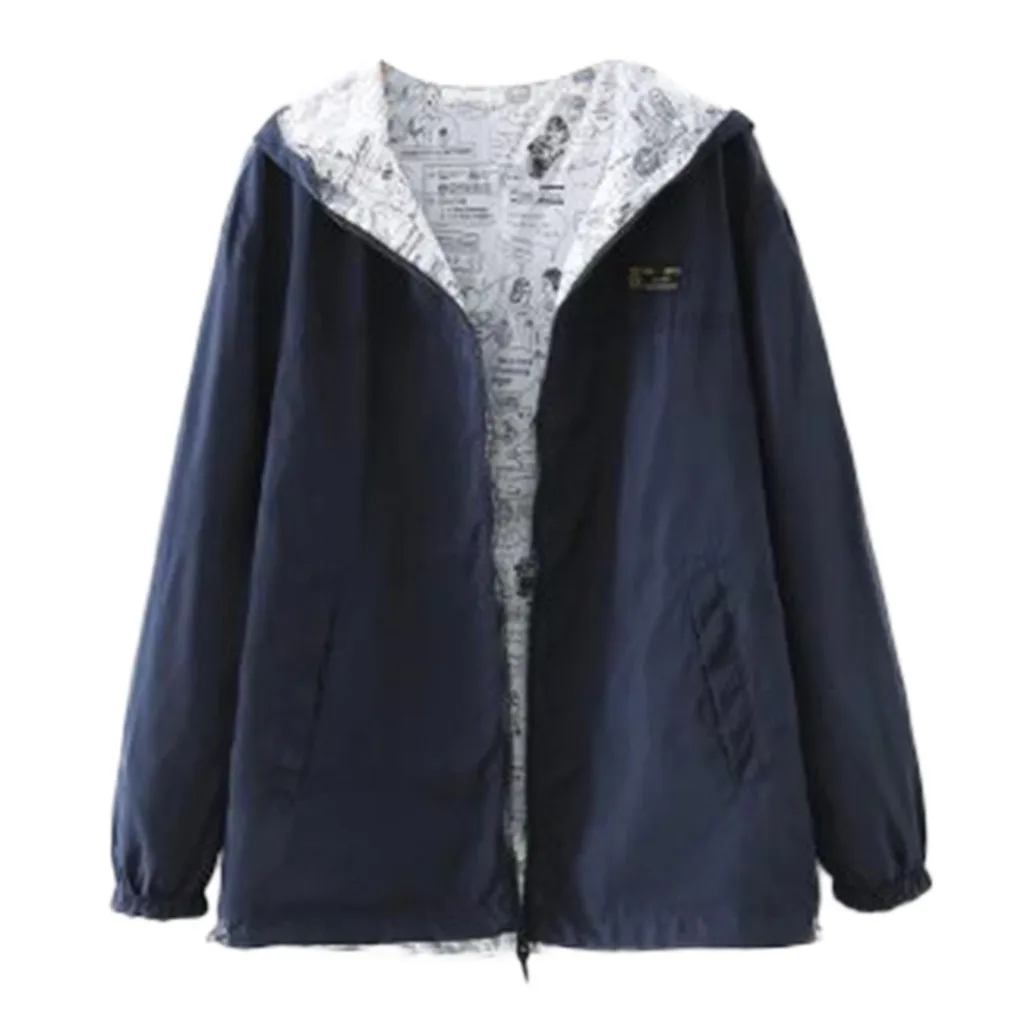 

2019 Autumn New Women Plus Size Long Jacket Casual Solid Color Print Wear Both Hooded Long Sleeve Pocket Oversize Loose Coat