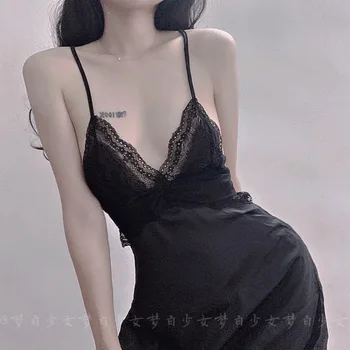 

New Kawaii Pajamas Women's Silk Sleepwear Lace Backless Strap Sleep Tops Leisure Household Hollow Out Negligee Dressing Gowns