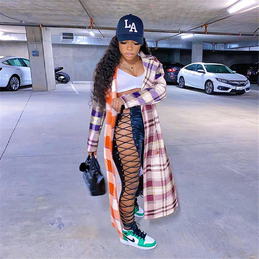 Tsuretobe Plaid Trench Coat For Women Fall 2020 Plus Size Clothing Elegant Long Coat Women Fashion Patchwork Outwear Mujer