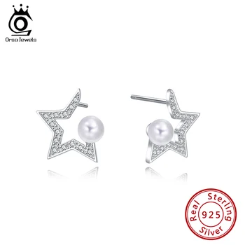 

ORSA JEWELS S925 Sterling Silver Simulated Pearl Stud Earring AAAA Cubic Zircon Star Shape Female Trendy Gift Fine Jewelry SE180
