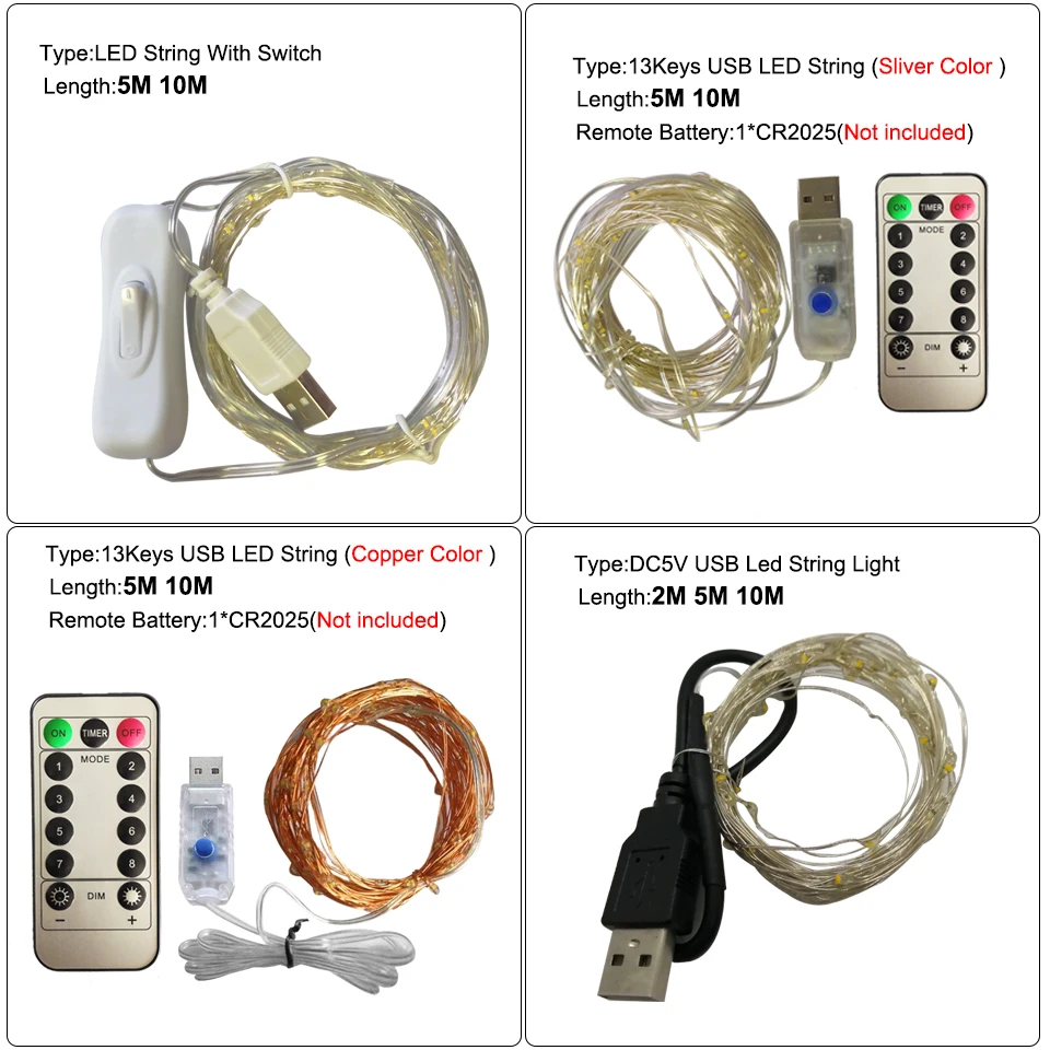 2 м/5 м/10 м USB светодиодный светильник, наружная гирлянда для фото, Настенный декор, сказочный светильник с зажимами, с цепочкой, на батарейках, Рождественский светильник s